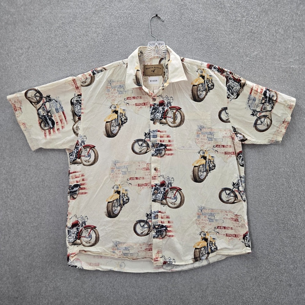 North River Men Button Up Shirt XL Cream Motorcycle All Over Print Collar